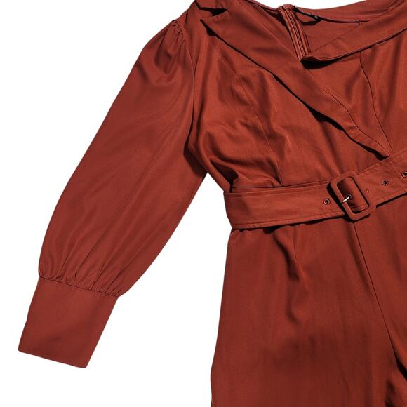 Shein Burnt Orange Women's Off the Shoulder Belted Jumpsuit Long Sleeve Size 16 - Picture 4 of 10